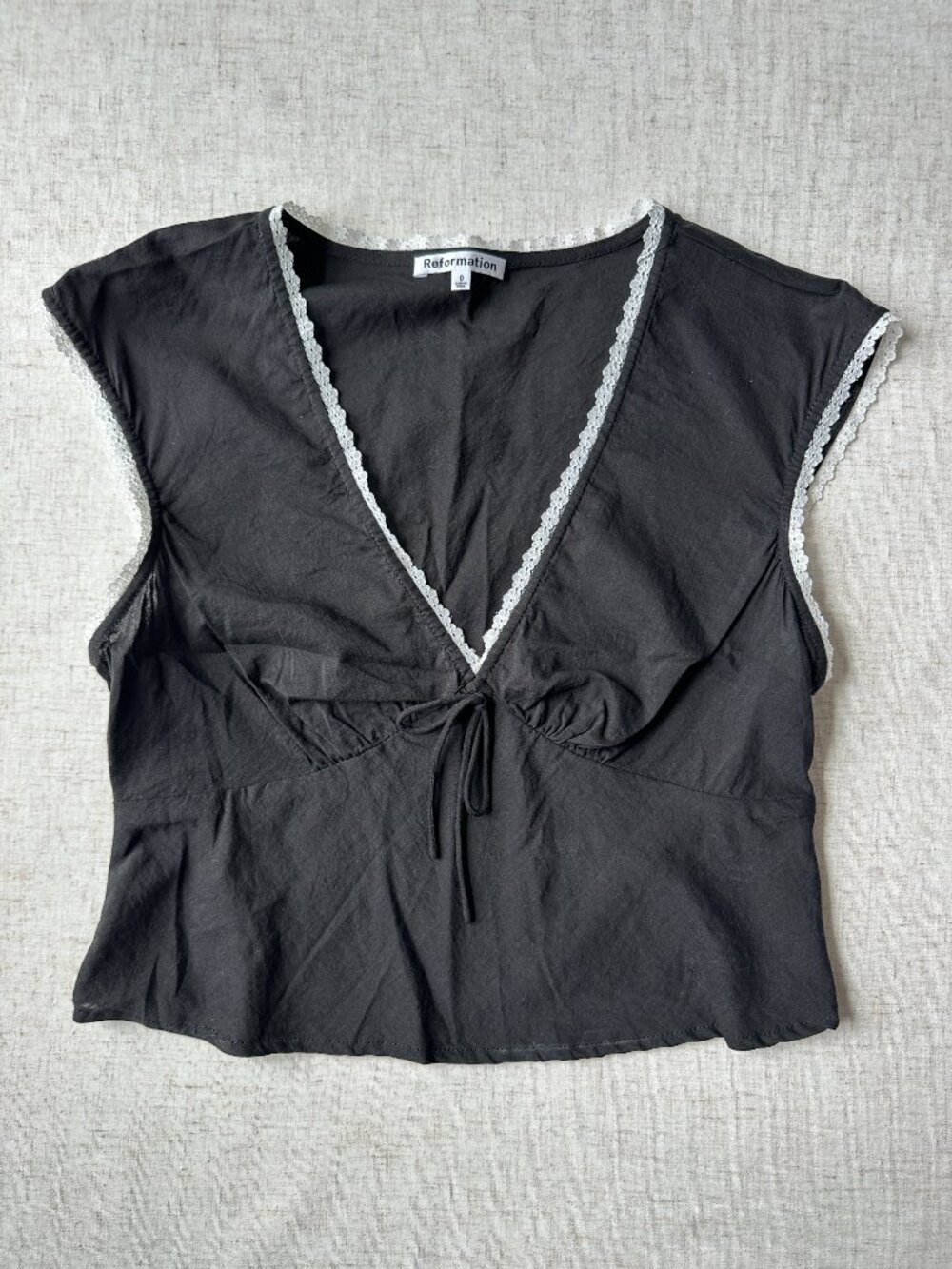 Reformation Cherry Top Black Lace Trim V Neck Tie Front 0 - Picture 5 of 12